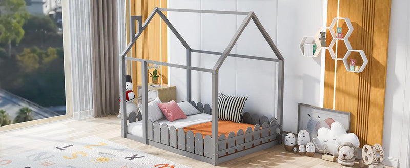 (Slats are not included)Full Size Wood Bed House Bed Frame with Fence, for Kids, Teens, Girls, Boys (Gray )(OLD SKU:WF281294AAE) - Supfirm