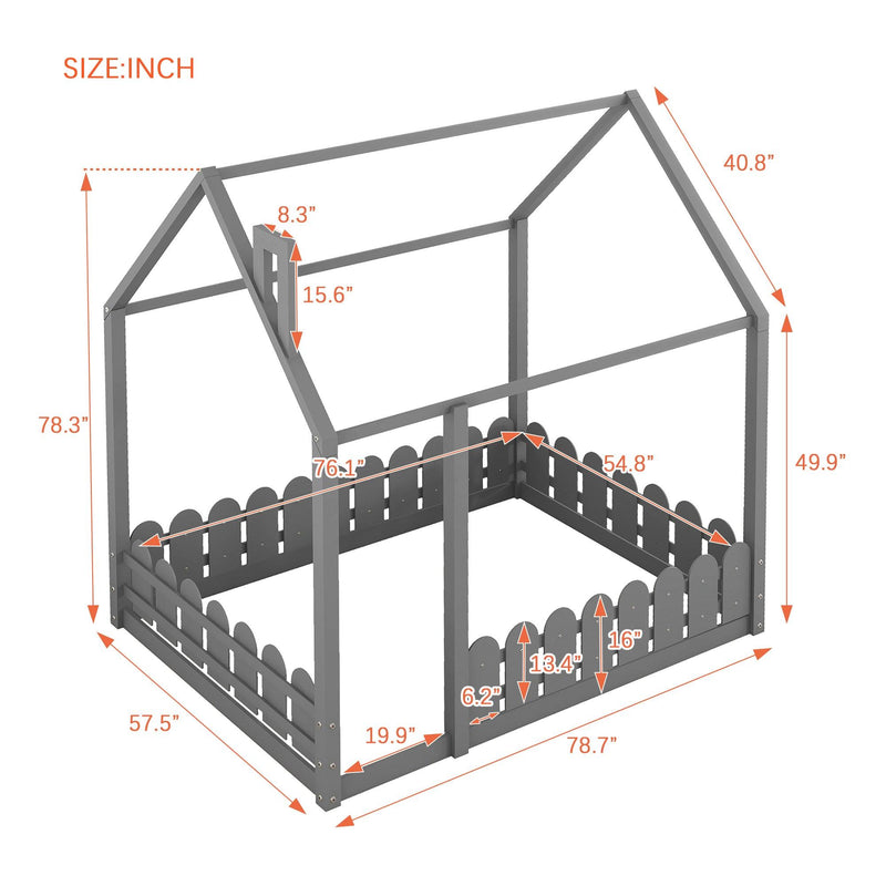 (Slats are not included)Full Size Wood Bed House Bed Frame with Fence, for Kids, Teens, Girls, Boys (Gray )(OLD SKU:WF281294AAE) - Supfirm