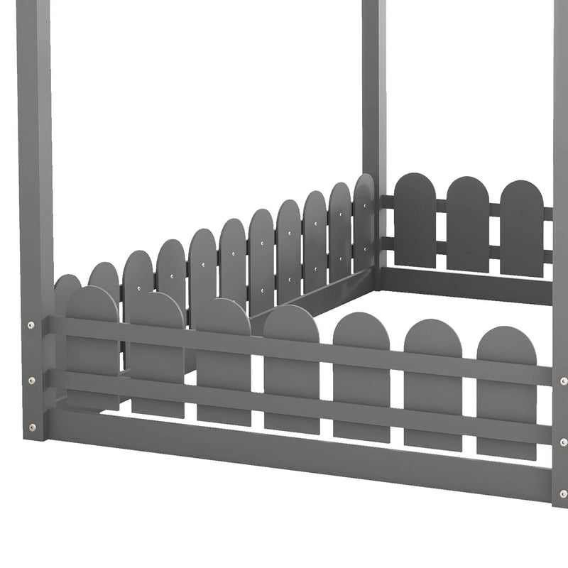 (Slats are not included)Full Size Wood Bed House Bed Frame with Fence, for Kids, Teens, Girls, Boys (Gray )(OLD SKU:WF281294AAE) - Supfirm