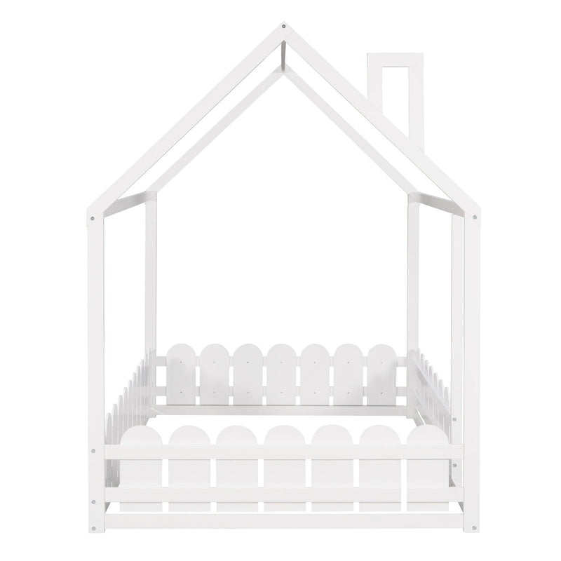 (Slats are not included) Full Size Wood Bed House Bed Frame with Fence,for Kids,Teens,Girls,Boys (White )(OLD SKU:WF281294AAK) - Supfirm