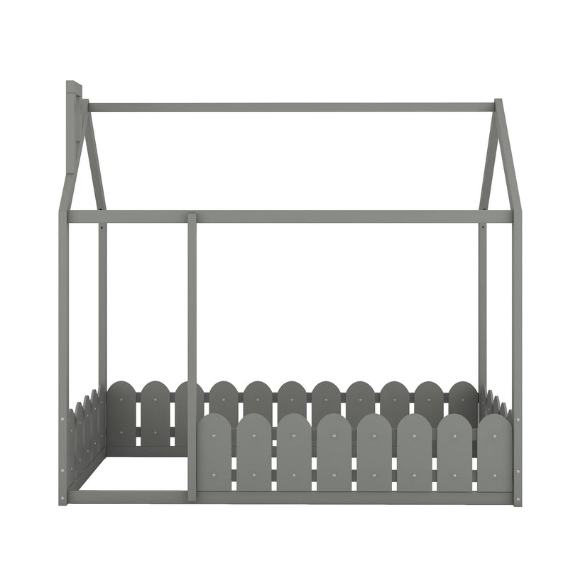 {Slats are not included}Twin Size Wood Bed House Bed Frame with Fence,for Kids,Teens, Girls,Boys {Gray}{OLD SKU:WF194274AAE} - Supfirm