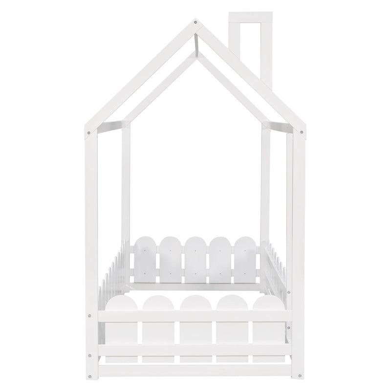 {Slats are not included}Twin Size Wood Bed House Bed Frame with Fence,for Kids,Teens, Girls,Boys {White}{OLD SKU:WF194274AAK} - Supfirm