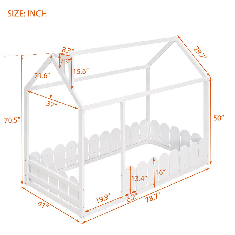 {Slats are not included}Twin Size Wood Bed House Bed Frame with Fence,for Kids,Teens, Girls,Boys {White}{OLD SKU:WF194274AAK} - Supfirm