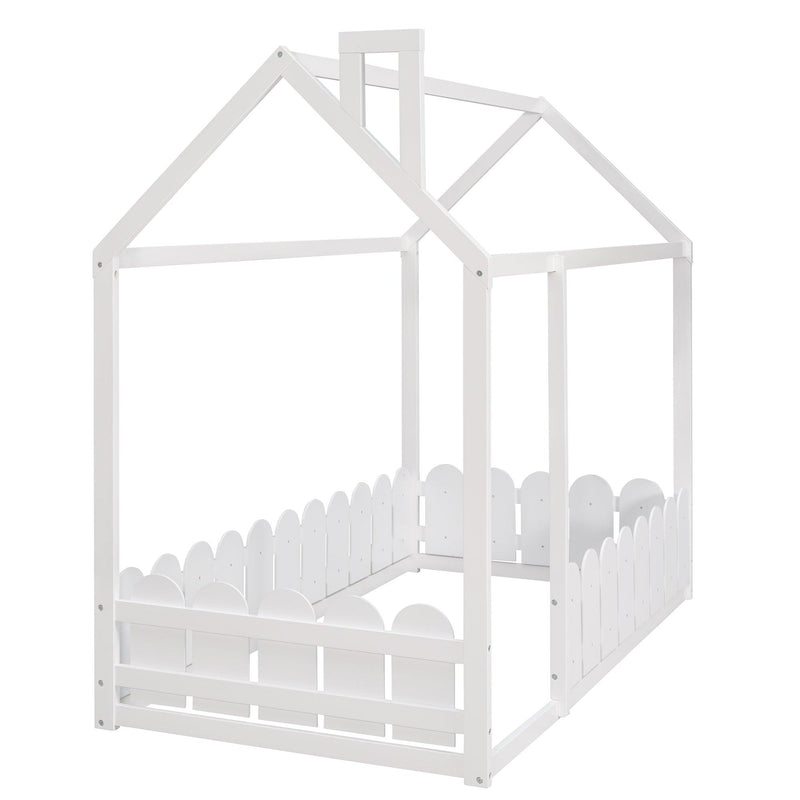 {Slats are not included}Twin Size Wood Bed House Bed Frame with Fence,for Kids,Teens, Girls,Boys {White}{OLD SKU:WF194274AAK} - Supfirm