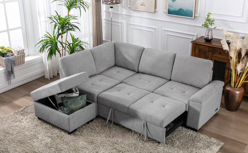 Sleeper Sectional Sofa, L-Shape Corner Couch Sofa-Bed with Storage Ottoman & Hidden Arm Storage & USB Charge for Living Room Apartment, Gray - Supfirm