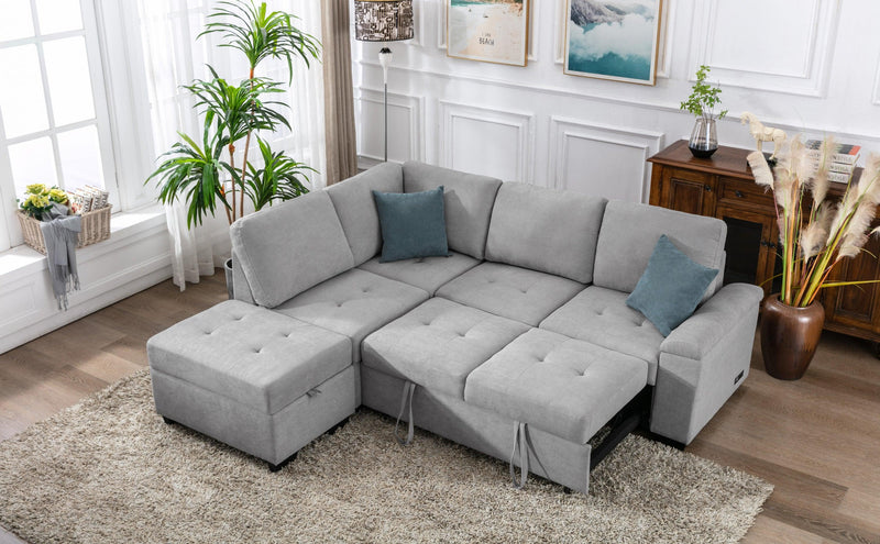 Sleeper Sectional Sofa, L-Shape Corner Couch Sofa-Bed with Storage Ottoman & Hidden Arm Storage & USB Charge for Living Room Apartment, Gray - Supfirm