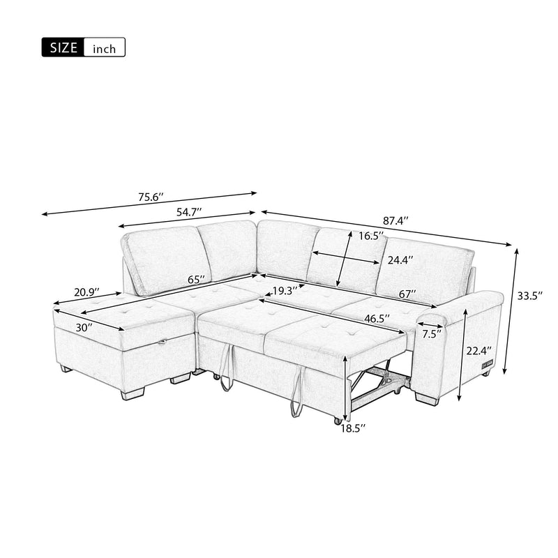 Sleeper Sectional Sofa, L-Shape Corner Couch Sofa-Bed with Storage Ottoman & Hidden Arm Storage & USB Charge for Living Room Apartment, Gray - Supfirm