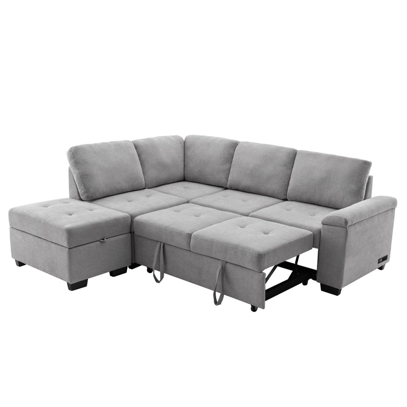 Sleeper Sectional Sofa, L-Shape Corner Couch Sofa-Bed with Storage Ottoman & Hidden Arm Storage & USB Charge for Living Room Apartment, Gray - Supfirm