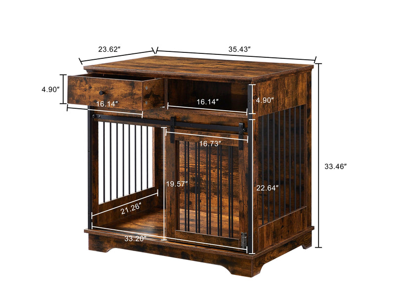 Sliding door dog crate with drawers. Rustic Brown, 35.43'' W x 23.62'' D x 33.46'' H - Supfirm