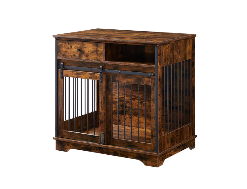 Sliding door dog crate with drawers. Rustic Brown, 35.43'' W x 23.62'' D x 33.46'' H - Supfirm