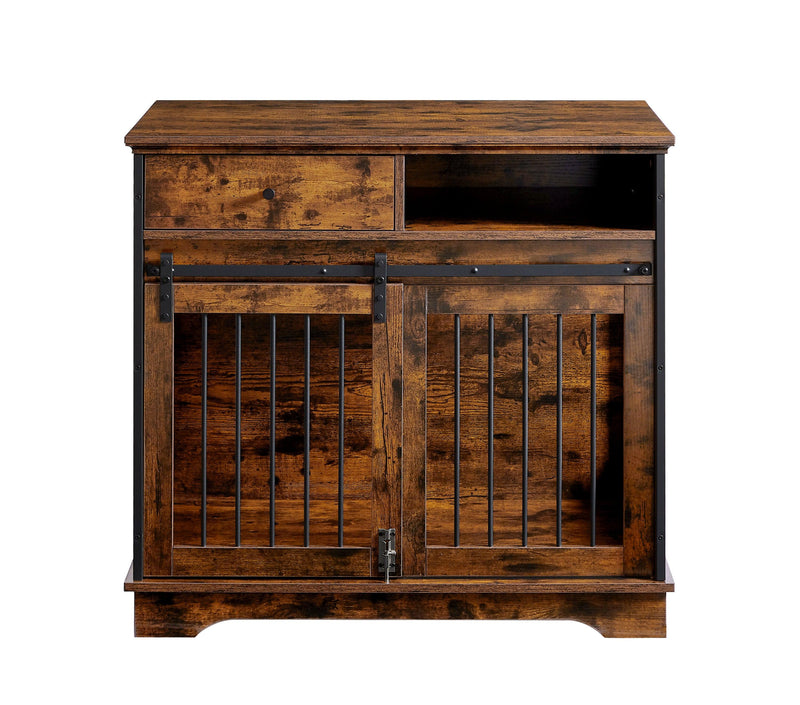 Sliding door dog crate with drawers. Rustic Brown, 35.43'' W x 23.62'' D x 33.46'' H - Supfirm