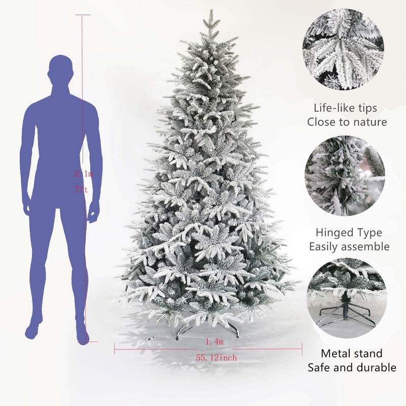 Snow Flocked Christmas Tree 7ft Artificial Hinged Pine Tree with White Realistic Tips Unlit - Supfirm