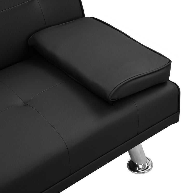 Sofa Bed with Armrest two holders WOOD FRAME, STAINLESS LEG, FUTON BLACK PVC - Supfirm