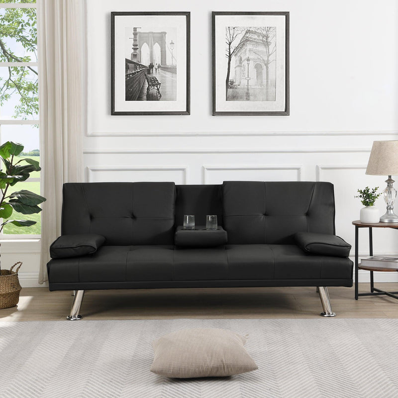 Sofa Bed with Armrest two holders WOOD FRAME, STAINLESS LEG, FUTON BLACK PVC - Supfirm