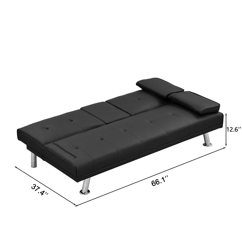 Sofa Bed with Armrest two holders WOOD FRAME, STAINLESS LEG, FUTON BLACK PVC - Supfirm