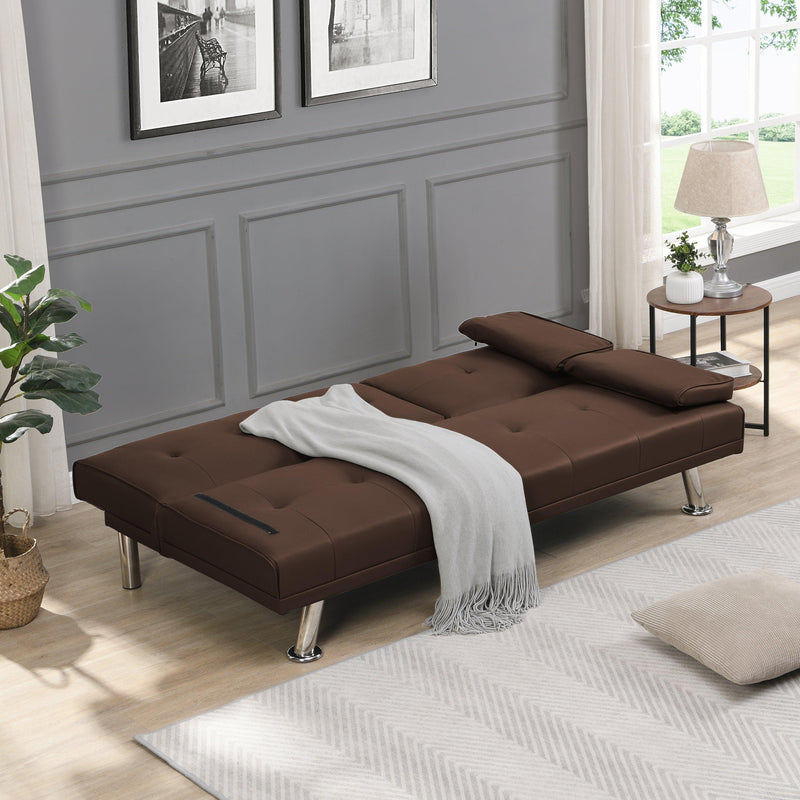 Sofa Bed with Armrest two holders WOOD FRAME, STAINLESS LEG, FUTON BROWN PVC - Supfirm