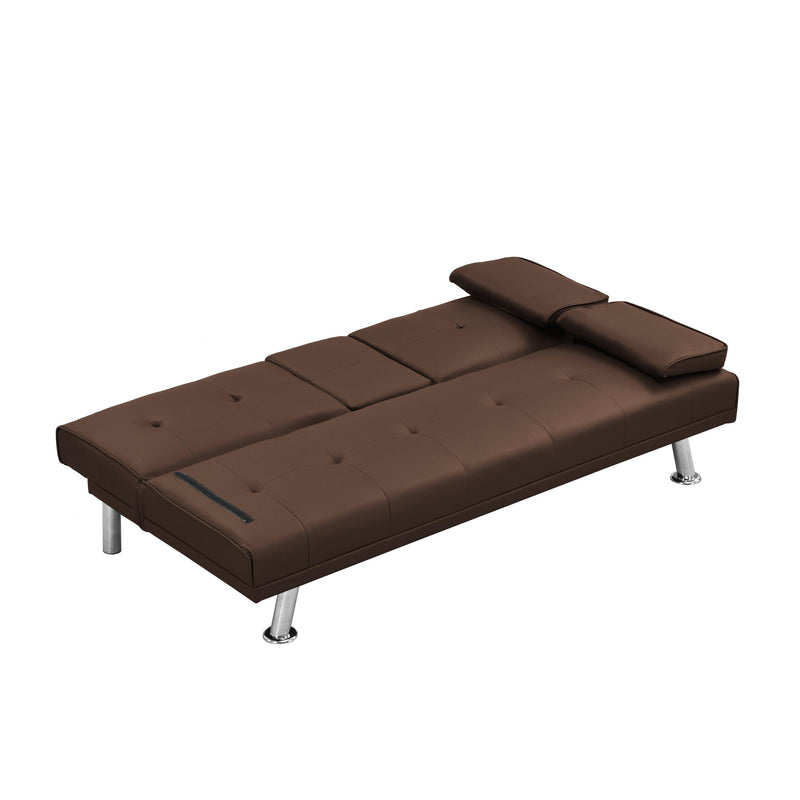 Sofa Bed with Armrest two holders WOOD FRAME, STAINLESS LEG, FUTON BROWN PVC - Supfirm