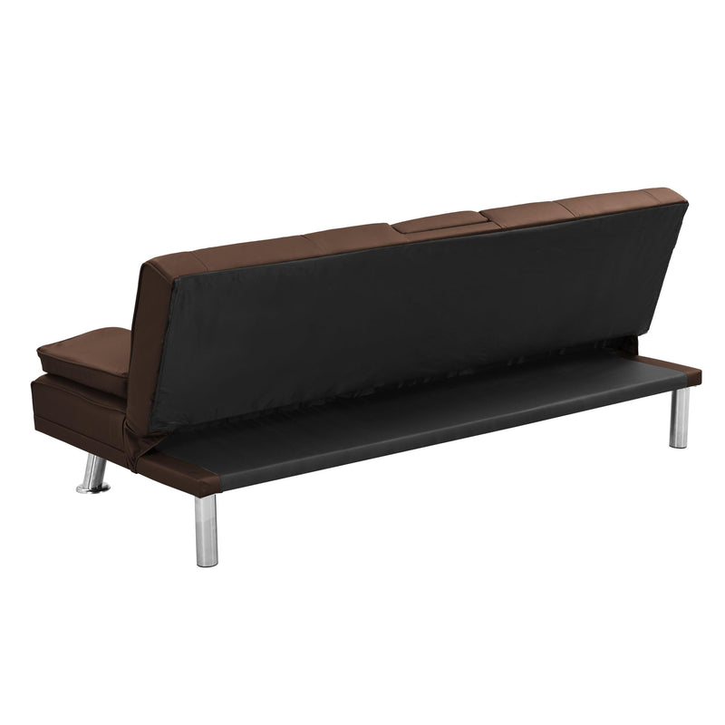 Sofa Bed with Armrest two holders WOOD FRAME, STAINLESS LEG, FUTON BROWN PVC - Supfirm