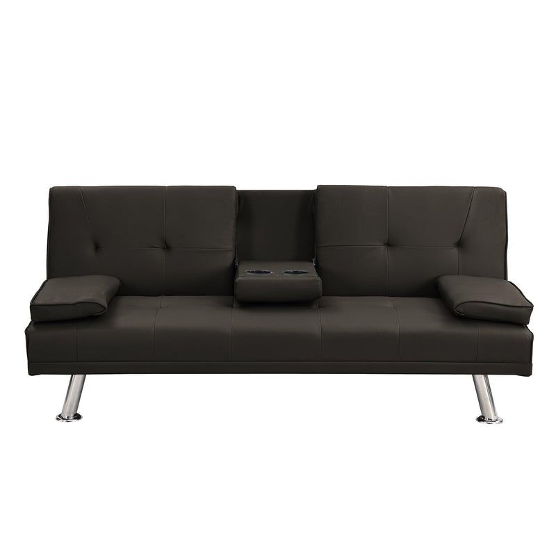 Sofa Bed with Armrest two holders WOOD FRAME, STAINLESS LEG, FUTON BROWN PVC,DARK BROWN - Supfirm