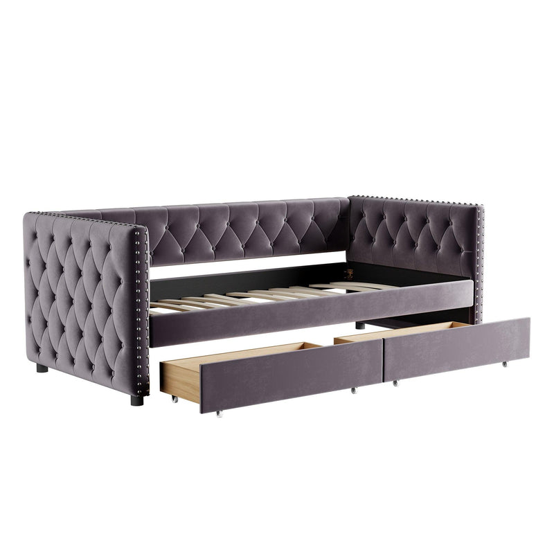 Sofa bed with drawers, modern velvet upholstered sofa bed with button tufted sofa bed frame with double drawers, bedroom living room furniture, Grey(83.47''x42.91''x30.71''') - Supfirm