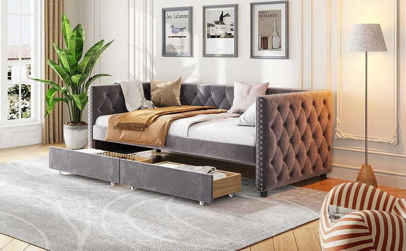 Sofa bed with drawers, modern velvet upholstered sofa bed with button tufted sofa bed frame with double drawers, bedroom living room furniture, Grey(83.47''x42.91''x30.71''') - Supfirm