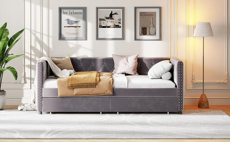 Sofa bed with drawers, modern velvet upholstered sofa bed with button tufted sofa bed frame with double drawers, bedroom living room furniture, Grey(83.47''x42.91''x30.71''') - Supfirm