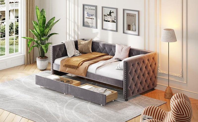 Sofa bed with drawers, modern velvet upholstered sofa bed with button tufted sofa bed frame with double drawers, bedroom living room furniture, Grey(83.47''x42.91''x30.71''') - Supfirm