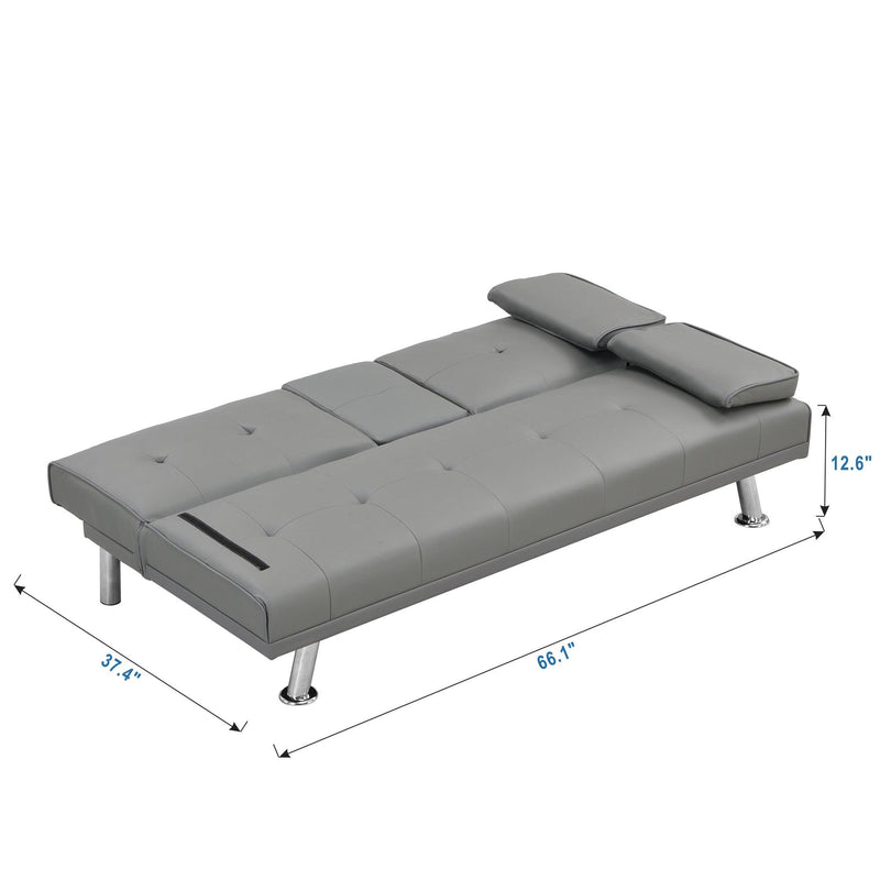 sofa bed with Armrest two holders WOOD FRAME, STAINLESS LEG, FUTON GREY PVC - Supfirm