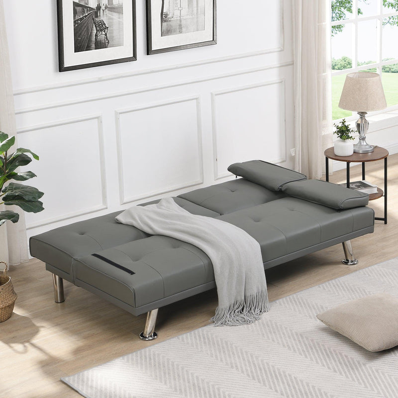 sofa bed with Armrest two holders WOOD FRAME, STAINLESS LEG, FUTON GREY PVC - Supfirm