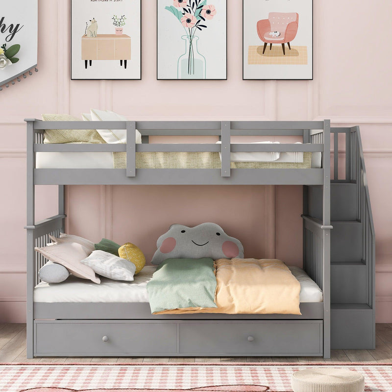 Stairway Full-Over-Full Bunk Bed with Twin size Trundle, Storage and Guard Rail for Bedroom, Dorm - Gray(OLD SKU :LP001210AAE) - Supfirm