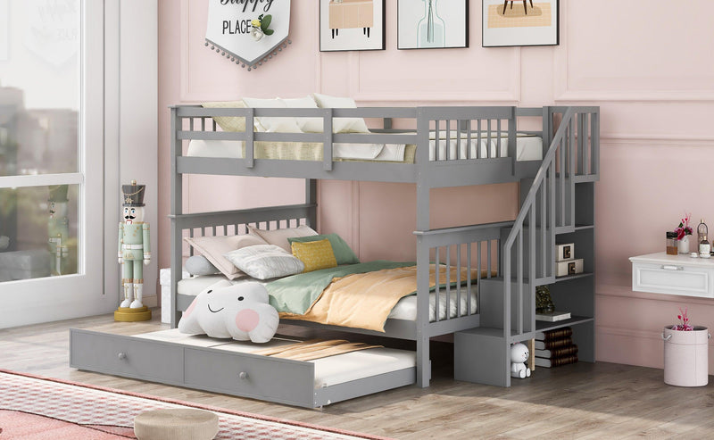 Stairway Full-Over-Full Bunk Bed with Twin size Trundle, Storage and Guard Rail for Bedroom, Dorm - Gray(OLD SKU :LP001210AAE) - Supfirm
