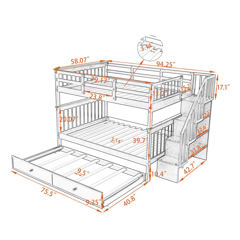 Stairway Full-Over-Full Bunk Bed with Twin size Trundle, Storage and Guard Rail for Bedroom, Dorm - Gray(OLD SKU :LP001210AAE) - Supfirm