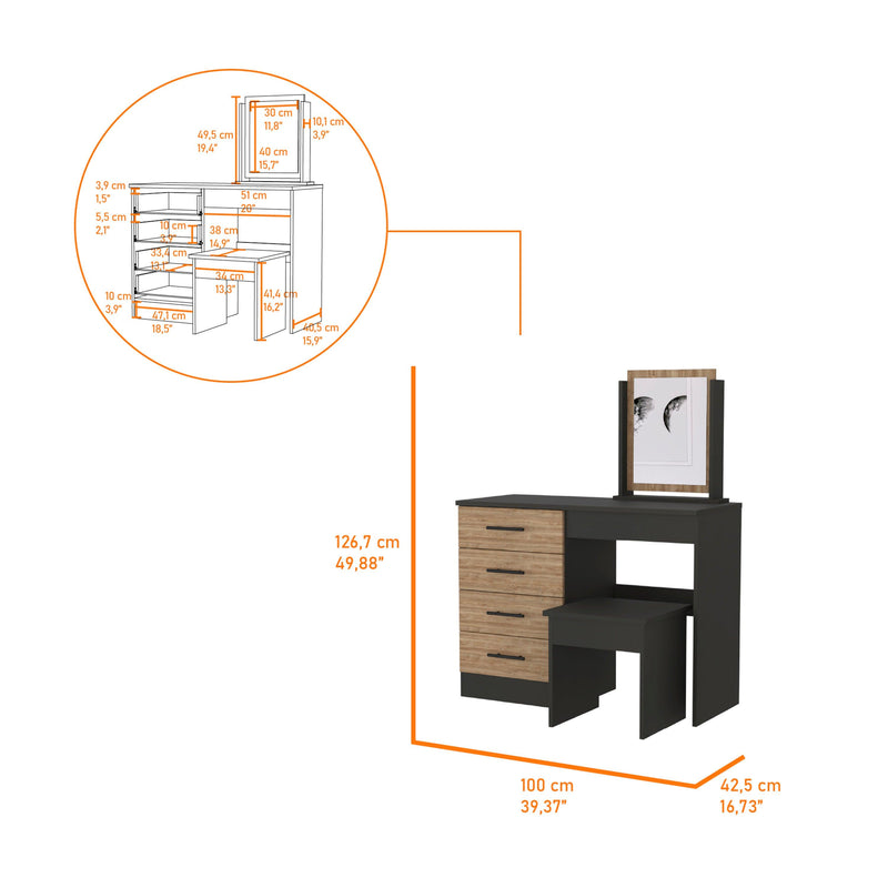 Stonington 4-Drawer Vanity Makeup Dressing Table with Stool Black and Pine - Supfirm