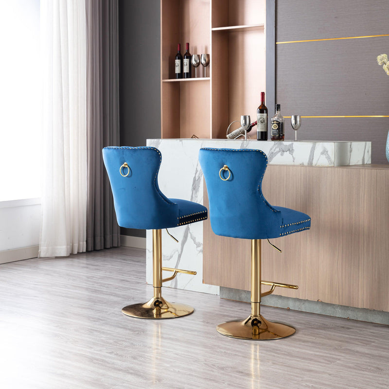 Swivel Bar Stools Seat Chair Set of 2 Modern Adjustable Counter Height Bar Stools, Velvet Upholstered Stool with Tufted High Back & Ring Pull for Kitchen , Chrome Golden Base, Blue - Supfirm