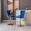 Swivel Bar Stools Seat Chair Set of 2 Modern Adjustable Counter Height Bar Stools, Velvet Upholstered Stool with Tufted High Back & Ring Pull for Kitchen , Chrome Golden Base, Blue - Supfirm