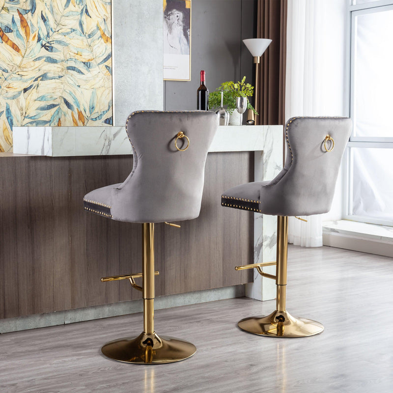 Swivel Bar Stools Seat Chair Set of 2 Modern Adjustable Counter Height Bar Stools, Velvet Upholstered Stool with Tufted High Back & Ring Pull for Kitchen , Chrome Golden Base, Grey - Supfirm