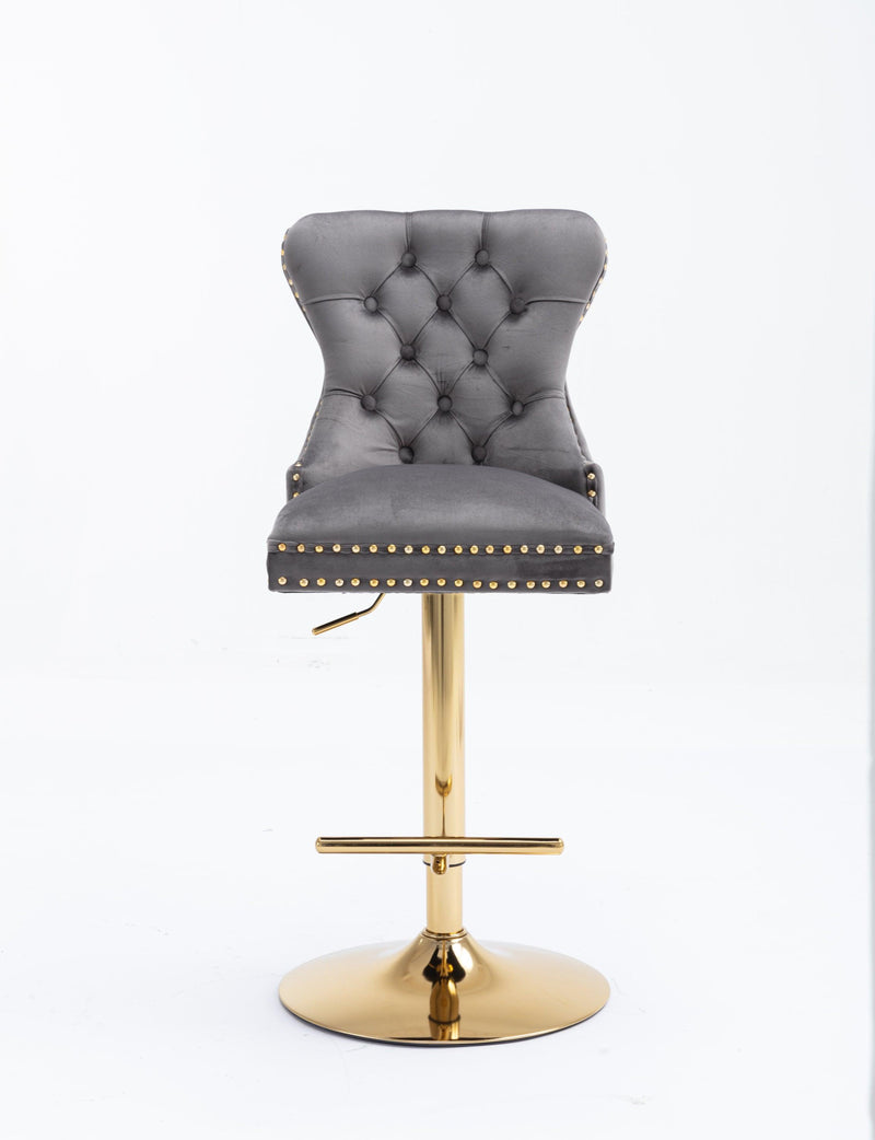 Swivel Bar Stools Seat Chair Set of 2 Modern Adjustable Counter Height Bar Stools, Velvet Upholstered Stool with Tufted High Back & Ring Pull for Kitchen , Chrome Golden Base, Grey - Supfirm