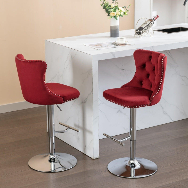 Swivel Velvet Barstools Adjusatble Seat Height from 25-33 Inch, Chrome base Bar Stools with Backs Comfortable Tufted for Home Pub and Kitchen Island, Wine Red,Burgundy,Set of 2,1712WR - Supfirm