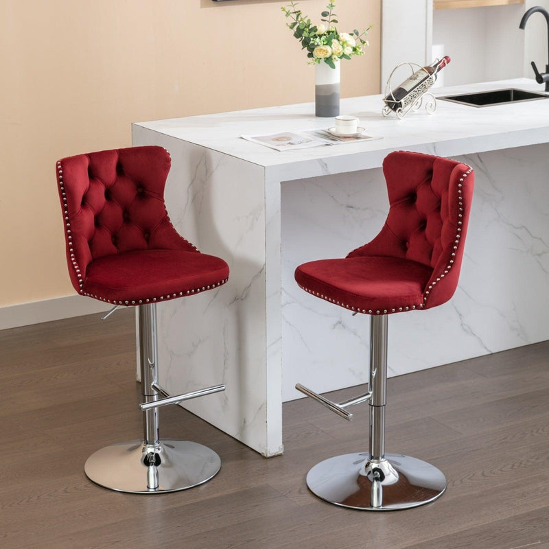 Swivel Velvet Barstools Adjusatble Seat Height from 25-33 Inch, Chrome base Bar Stools with Backs Comfortable Tufted for Home Pub and Kitchen Island, Wine Red,Burgundy,Set of 2,1712WR - Supfirm