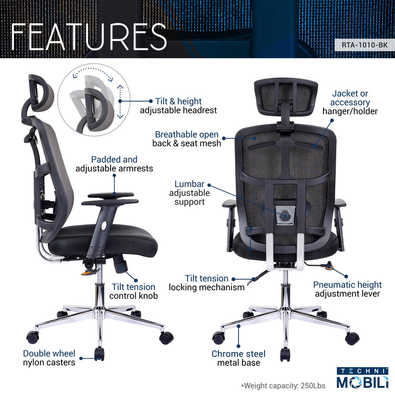 Techni Mobili High Back Executive Mesh Office Chair with Arms, Lumbar Support and Chrome Base, Black - Supfirm