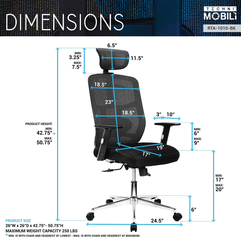 Techni Mobili High Back Executive Mesh Office Chair with Arms, Lumbar Support and Chrome Base, Black - Supfirm