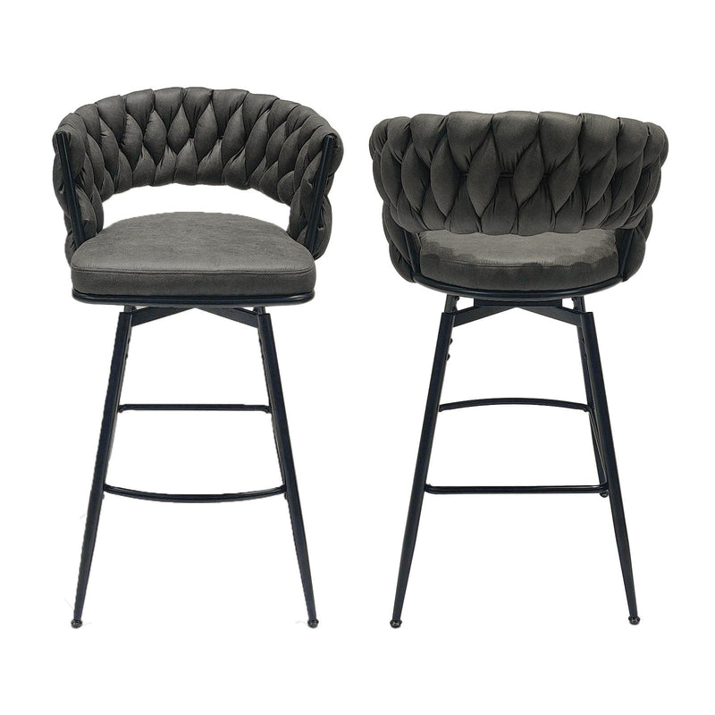 Technical Leather Woven Bar Stool Set of 2,Black legs Barstools No Adjustable Kitchen Island Chairs,360 Swivel Bar Stools Upholstered Counter Stool Arm Chairs with Back Footrest, (Tan) - Supfirm