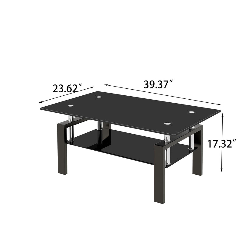 Tempered Black Glass Coffee Table, 2-Layers Tea Table - Supfirm