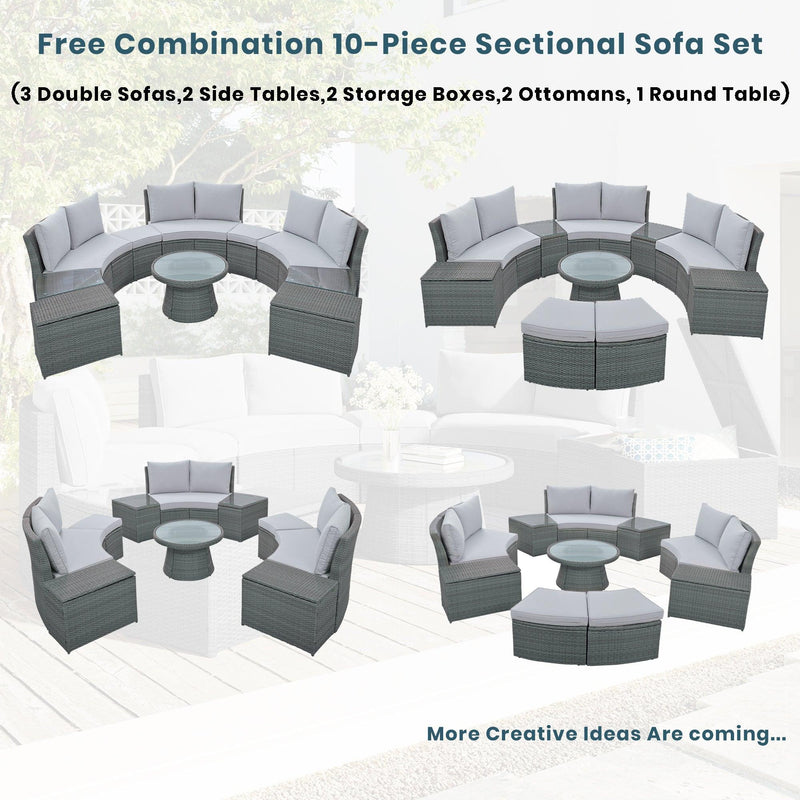 TOPMAX 10-Piece Outdoor Sectional Half Round Patio Rattan Sofa Set, PE Wicker Conversation Furniture Set for Free Combination, Light Gray - Supfirm