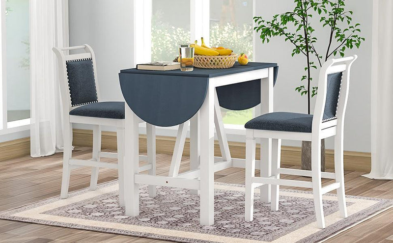 TOPMAX 3-Piece Wood Counter Height Drop Leaf Dining Table Set with 2 Upholstered Dining Chairs for Small Place, White+Gray - Supfirm