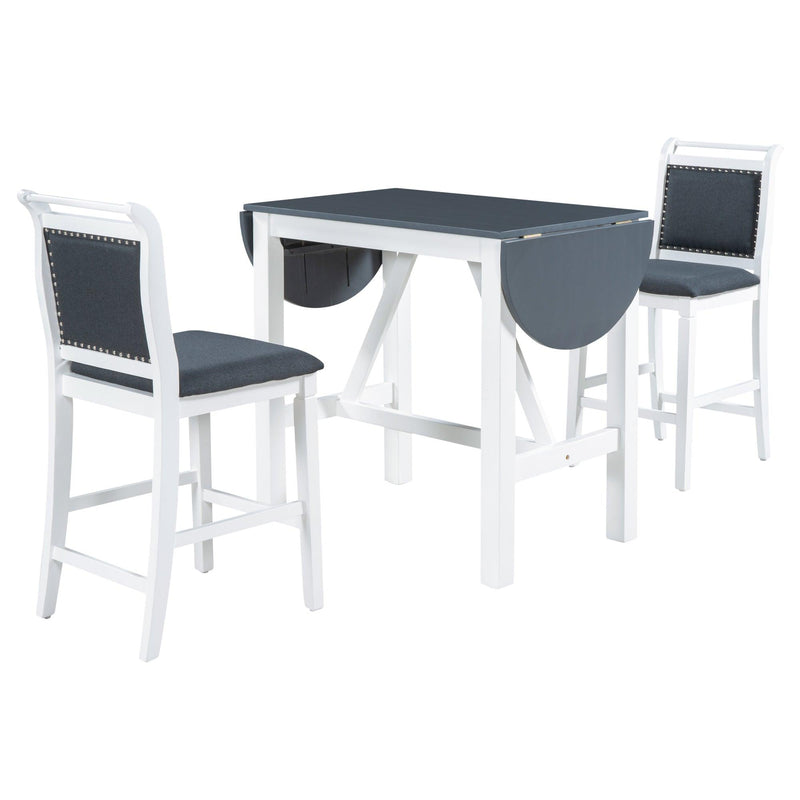 TOPMAX 3-Piece Wood Counter Height Drop Leaf Dining Table Set with 2 Upholstered Dining Chairs for Small Place, White+Gray - Supfirm