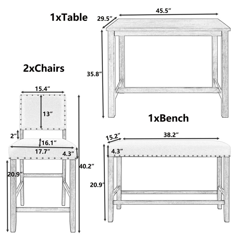 TOPMAX 4 Piece Rustic Wooden Counter Height Dining Table Set with Upholstered Bench for Small Places, Espresso+ Beige - Supfirm