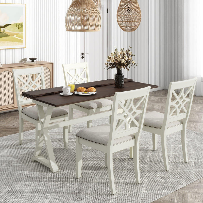 TOPMAX 5-Piece 62*35.2inch Extendable Rubber Wood Dining Table Set with X-shape Legs,Console Table with Two 8.8Inch-Wide Flip Lids and Upholstered Dining Chairs ,Beige - Supfirm