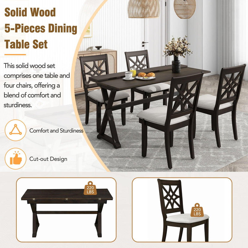 TOPMAX 5-Piece 62*35.2inch Extendable Rubber Wood Dining Table Set with X-shape Legs,Console Table with Two 8.8Inch-Wide Flip Lids and Upholstered Dining Chairs ,Dark Walnut - Supfirm