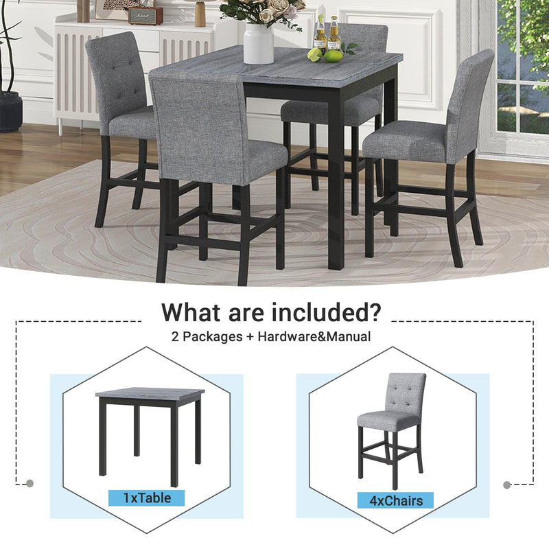 TOPMAX 5-Piece Counter Height Dining Set Wood Square Dining Room Table and Chairs Stools w/Footrest & 4 Upholstered high-back Chairs,Black - Supfirm